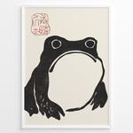 Ladda upp bild till gallerivisning, Framed Japanese ink art poster featuring a minimalist black frog illustration with red calligraphy stamp on a beige background.
