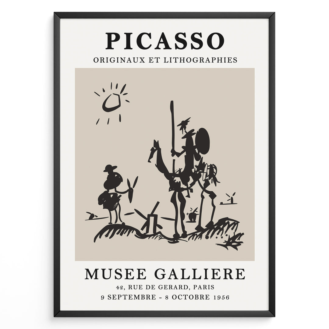 Framed Picasso Don Quixote art poster with minimalist black sketch of riders and windmills on a beige background.