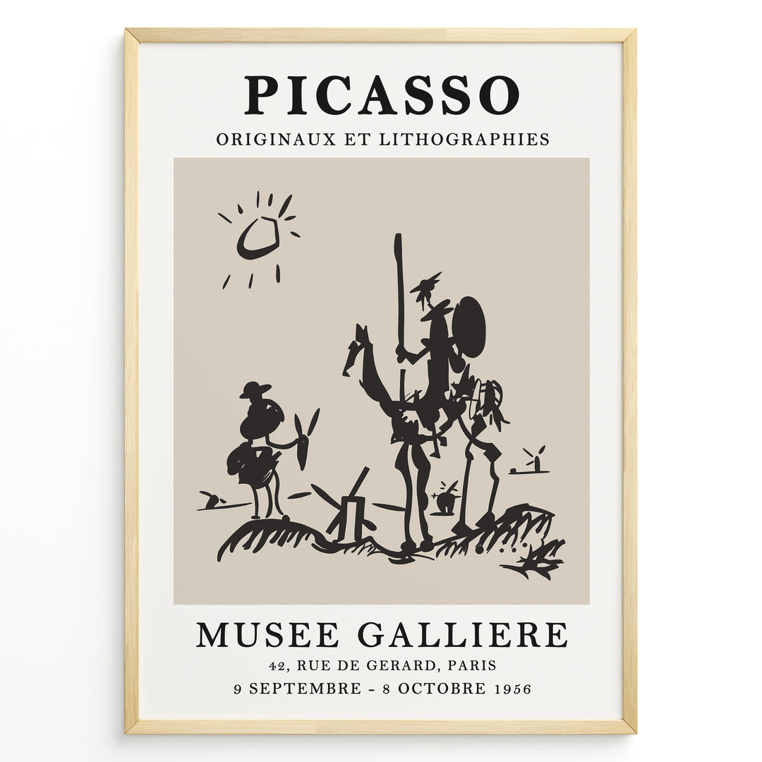 Framed Picasso Don Quixote art poster with minimalist black sketch of riders and windmills on a beige background.