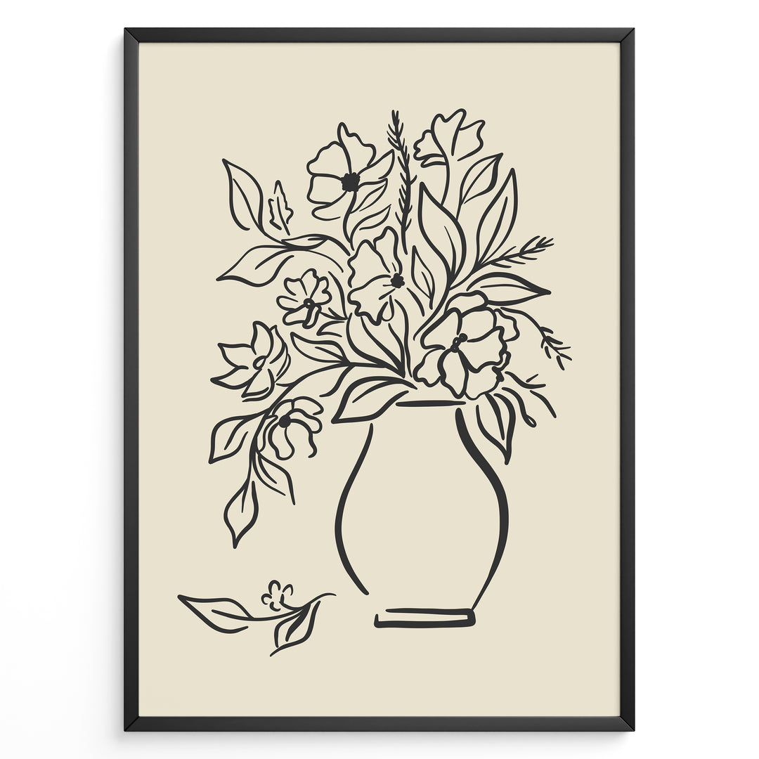 Framed minimalist floral line art poster with black outline of flowers in a vase on a beige background.