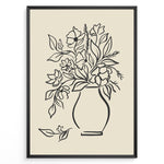 Ladda upp bild till gallerivisning, Framed minimalist floral line art poster with black outline of flowers in a vase on a beige background.
