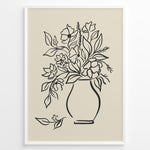 Ladda upp bild till gallerivisning, Framed minimalist floral line art poster with black outline of flowers in a vase on a beige background.
