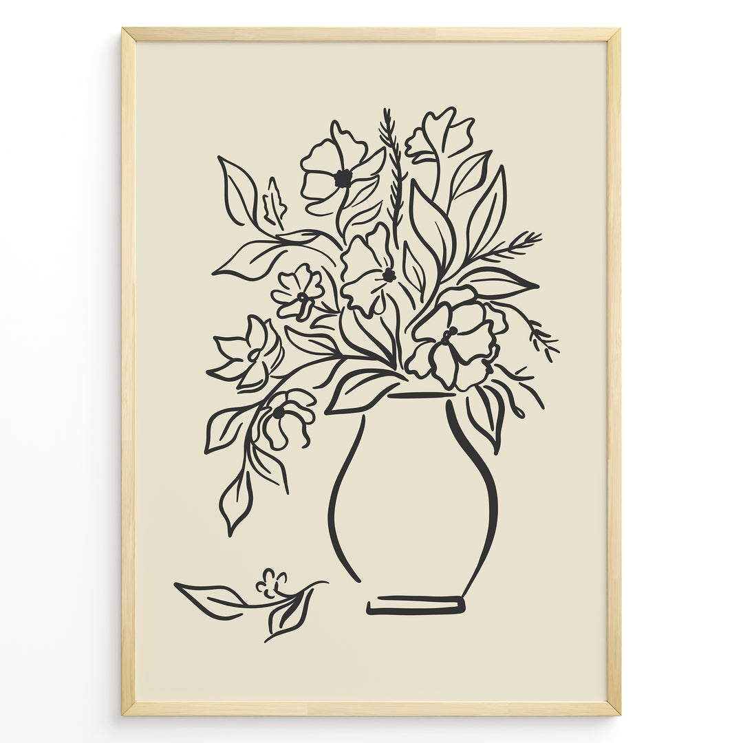Framed minimalist floral line art poster with black outline of flowers in a vase on a beige background.