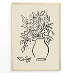 Ladda upp bild till gallerivisning, Framed minimalist floral line art poster with black outline of flowers in a vase on a beige background.
