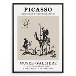 Ladda upp bild till gallerivisning, Vintage Picasso Don Quixote abstract line art poster from Musée Gallière exhibition in a black frame.

