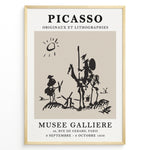 Ladda upp bild till gallerivisning, Vintage Picasso Don Quixote abstract line art poster from Musée Gallière exhibition in a black frame.

