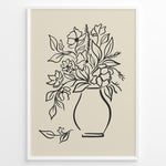 Ladda upp bild till gallerivisning, Minimalist black and white floral vase line art print plakat with botanical design in a black frame on beige background
