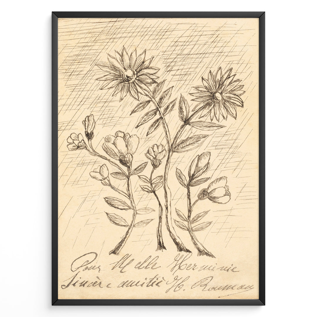Vintage floral sketch art print with hand-drawn flowers and handwritten text on aged beige paper in a black frame.