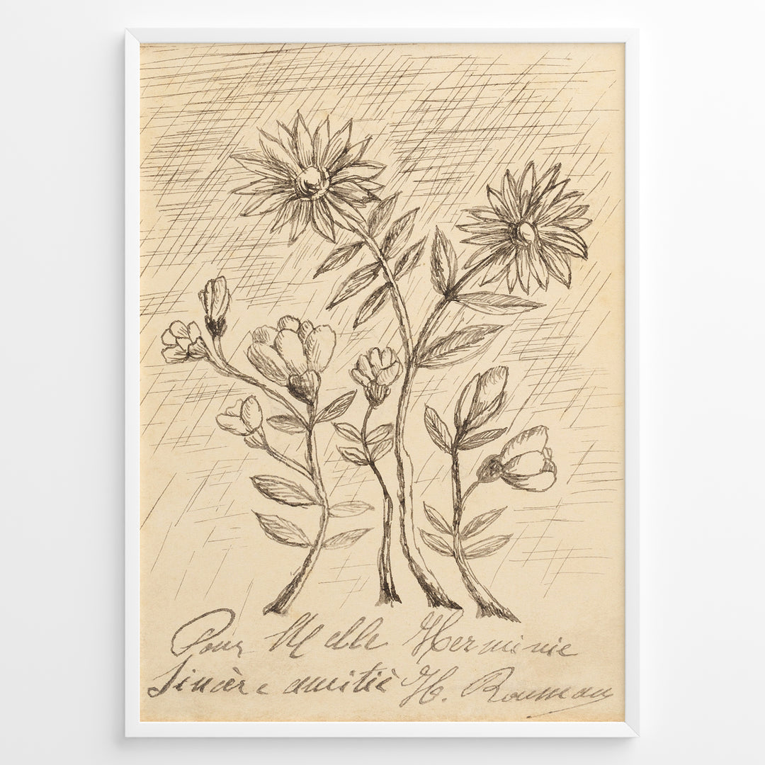 Vintage floral sketch art print with hand-drawn flowers and handwritten text on aged beige paper in a black frame.
