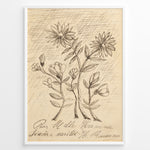 Ladda upp bild till gallerivisning, Vintage floral sketch art print with hand-drawn flowers and handwritten text on aged beige paper in a black frame.
