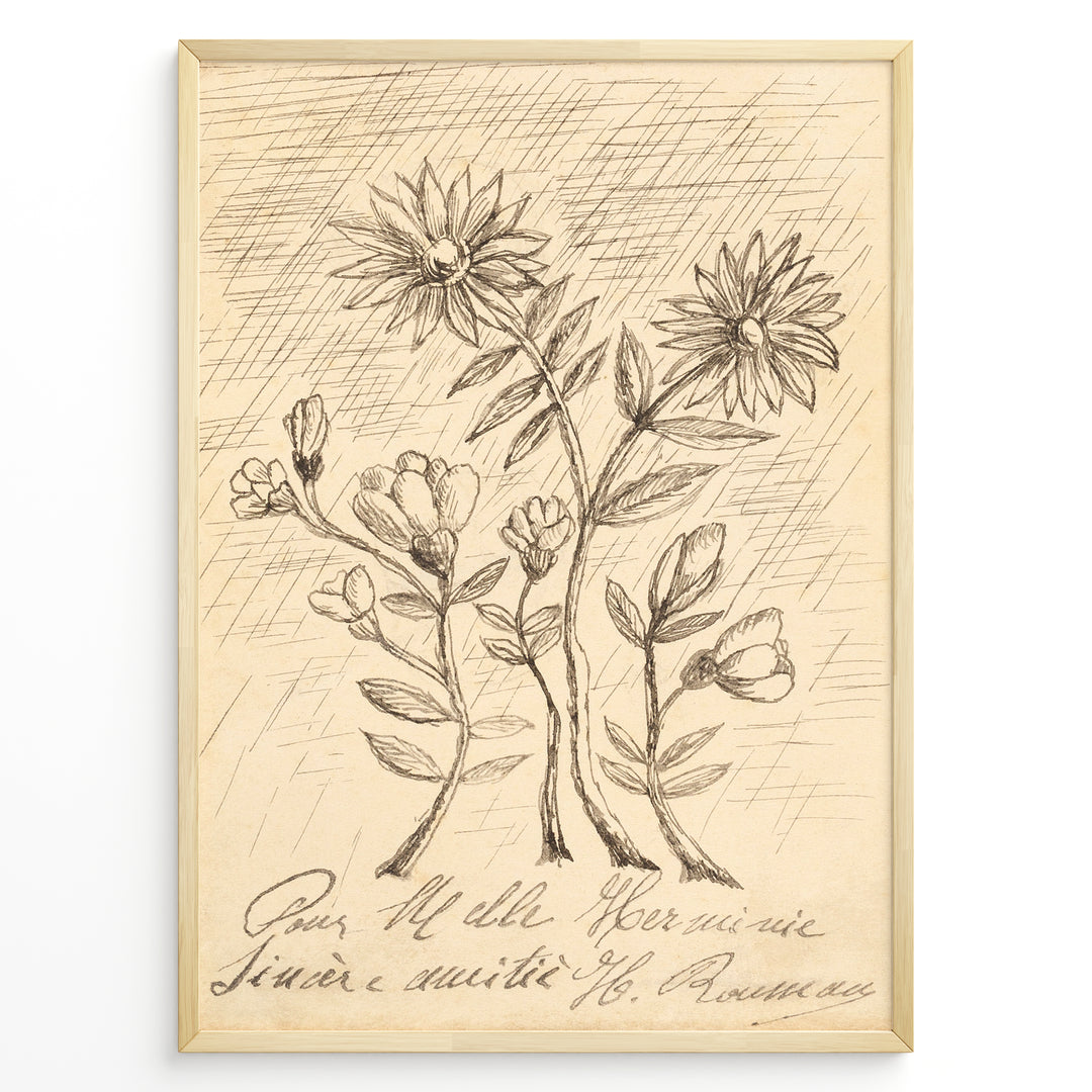 Vintage floral sketch art print with hand-drawn flowers and handwritten text on aged beige paper in a black frame.