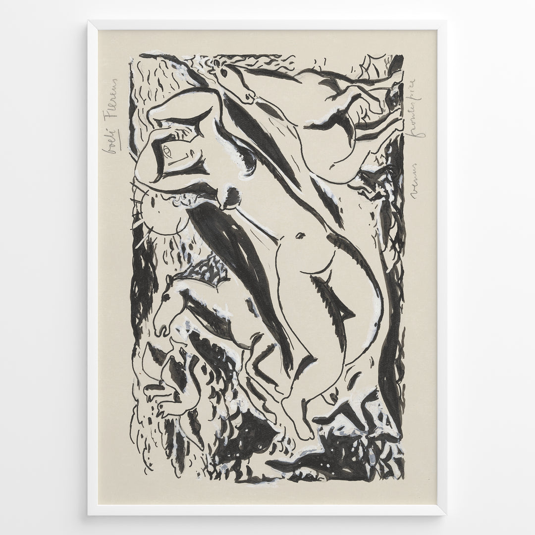 Abstract black and white nude figure art print plakat in expressionist style framed in black on beige background.