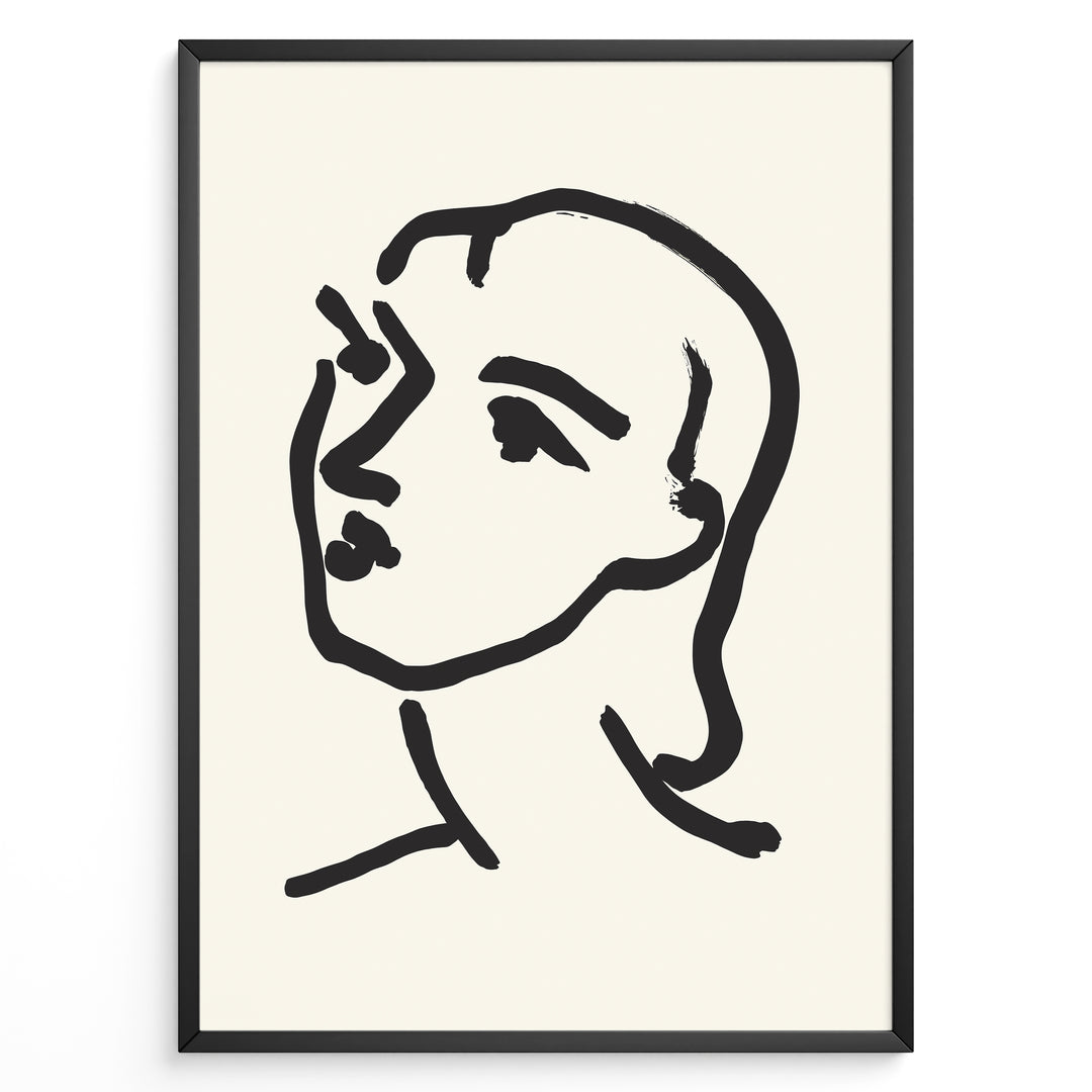 Framed minimal abstract face line art poster with bold black brush strokes on a beige background.