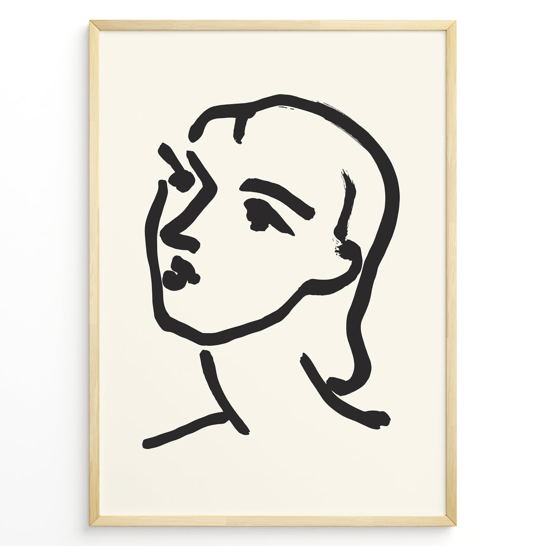 Framed minimal abstract face line art poster with bold black brush strokes on a beige background.