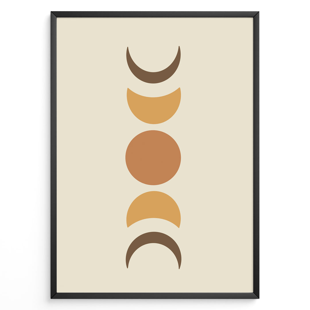 Framed boho moon phases art poster featuring crescent and full moon shapes in brown and orange tones on a beige background.