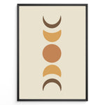 Ladda upp bild till gallerivisning, Framed boho moon phases art poster featuring crescent and full moon shapes in brown and orange tones on a beige background.
