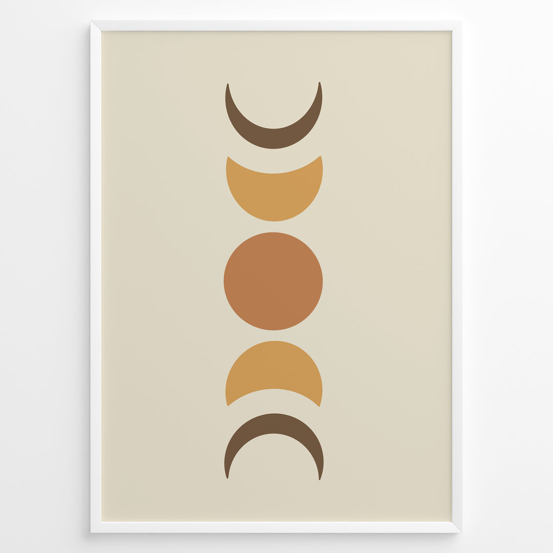 Framed boho moon phases art poster featuring crescent and full moon shapes in brown and orange tones on a beige background.