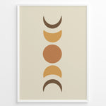 Ladda upp bild till gallerivisning, Framed boho moon phases art poster featuring crescent and full moon shapes in brown and orange tones on a beige background.
