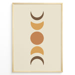 Ladda upp bild till gallerivisning, Framed boho moon phases art poster featuring crescent and full moon shapes in brown and orange tones on a beige background.
