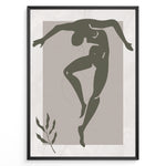 Ladda upp bild till gallerivisning, Framed abstract nude dance art poster with minimalist green figure on textured beige background and a small leaf detail.
