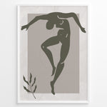 Ladda upp bild till gallerivisning, Framed abstract nude dance art poster with minimalist green figure on textured beige background and a small leaf detail.
