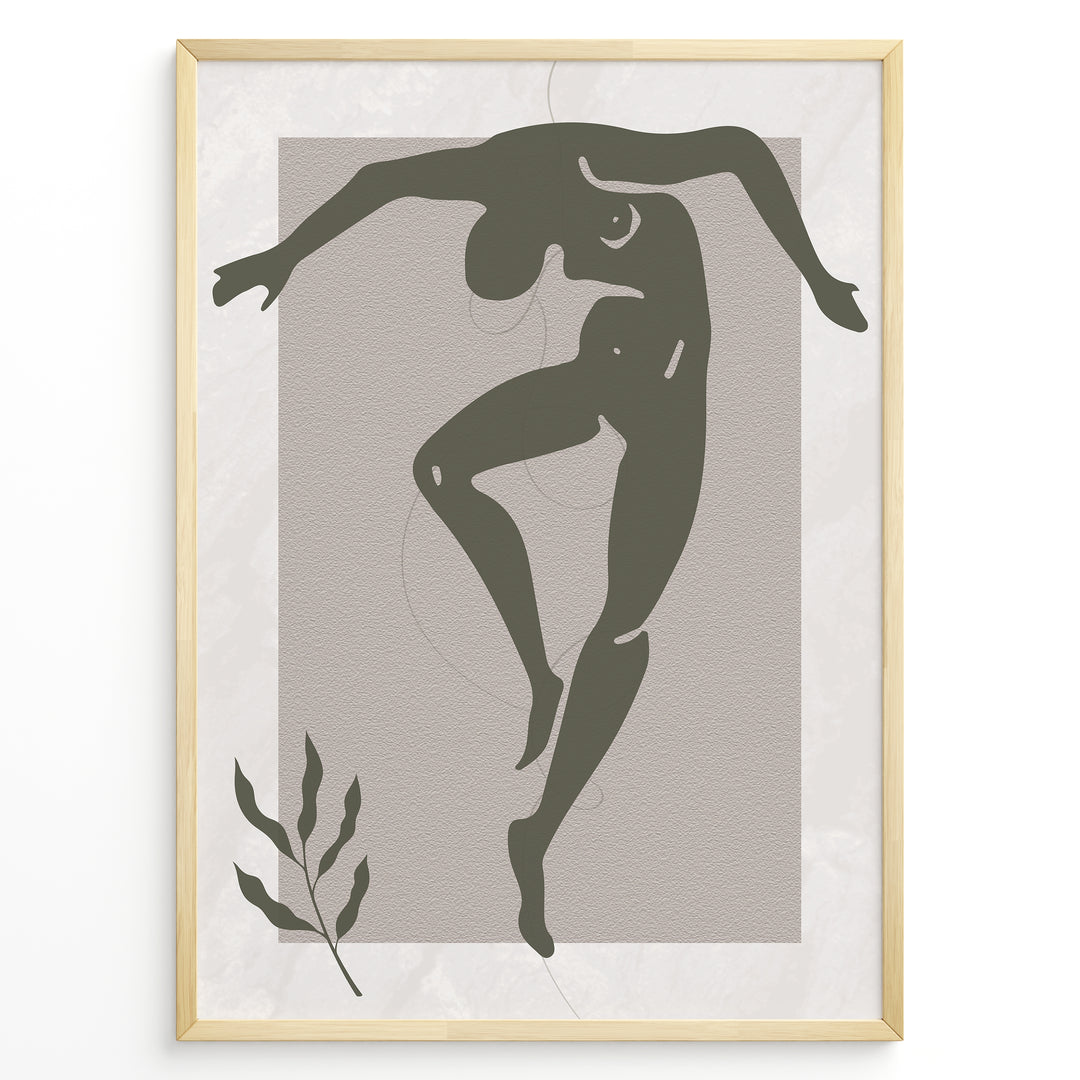Framed abstract nude dance art poster with minimalist green figure on textured beige background and a small leaf detail.