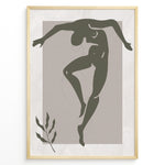 Ladda upp bild till gallerivisning, Framed abstract nude dance art poster with minimalist green figure on textured beige background and a small leaf detail.
