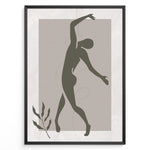 Ladda upp bild till gallerivisning, Framed abstract minimalist art poster with olive green dancing figure on textured beige background and a small leaf accent.
