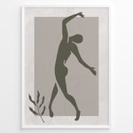 Ladda upp bild till gallerivisning, Framed abstract minimalist art poster with olive green dancing figure on textured beige background and a small leaf accent.
