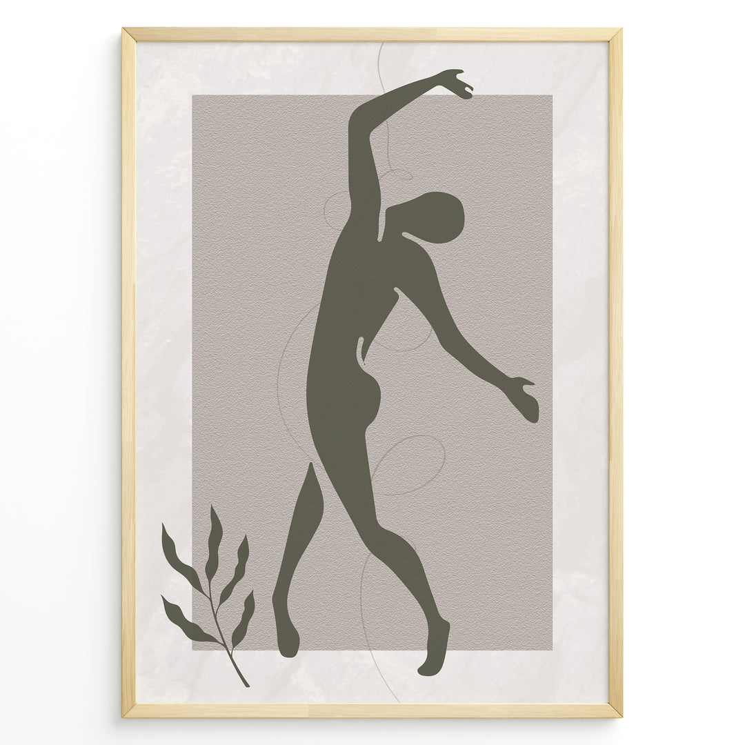 Framed abstract minimalist art poster with olive green dancing figure on textured beige background and a small leaf accent.