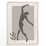 Ladda upp bild till gallerivisning, Framed abstract minimalist art poster with olive green dancing figure on textured beige background and a small leaf accent.

