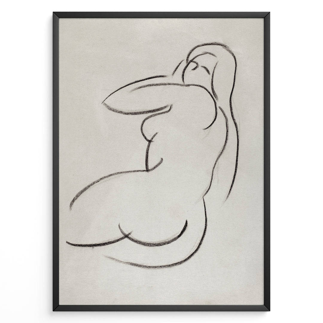 Framed minimalist nude sketch poster with soft black line art of a seated female figure on a light textured beige background.