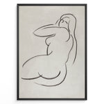 Ladda upp bild till gallerivisning, Framed minimalist nude sketch poster with soft black line art of a seated female figure on a light textured beige background.

