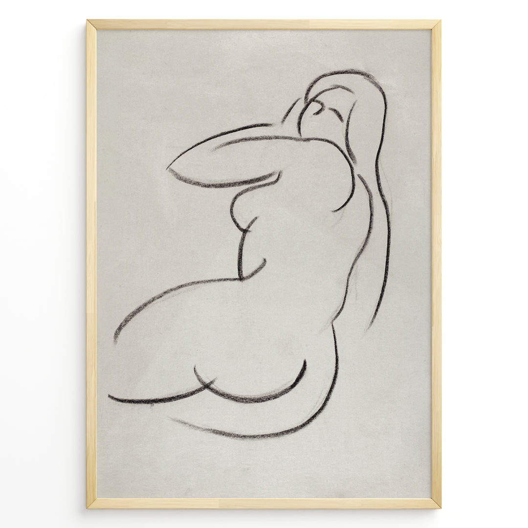 Framed minimalist nude sketch poster with soft black line art of a seated female figure on a light textured beige background.