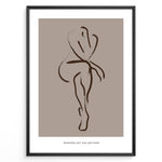 Ladda upp bild till gallerivisning, Framed minimalist nude line art poster showing an abstract female figure outline in brown on a taupe background.
