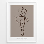 Ladda upp bild till gallerivisning, Framed minimalist nude line art poster showing an abstract female figure outline in brown on a taupe background.
