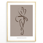 Ladda upp bild till gallerivisning, Framed minimalist nude line art poster showing an abstract female figure outline in brown on a taupe background.
