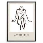 Ladda upp bild till gallerivisning, Framed Art Bohème poster with minimalist abstract nude line drawing in brown on a white and beige background.
