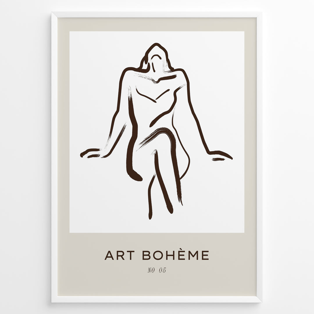 Framed Art Bohème poster with minimalist abstract nude line drawing in brown on a white and beige background.