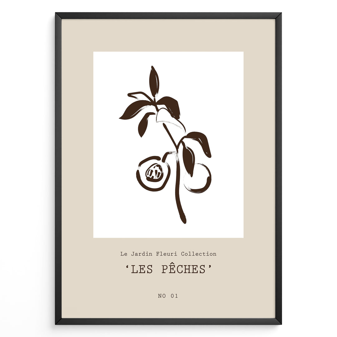 Framed “Les Pêches No.01” poster with minimalist brown line art of peaches and leaves on a branch, from the Le Jardin Fleuri Collection.