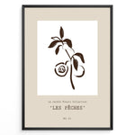 Ladda upp bild till gallerivisning, Framed “Les Pêches No.01” poster with minimalist brown line art of peaches and leaves on a branch, from the Le Jardin Fleuri Collection.
