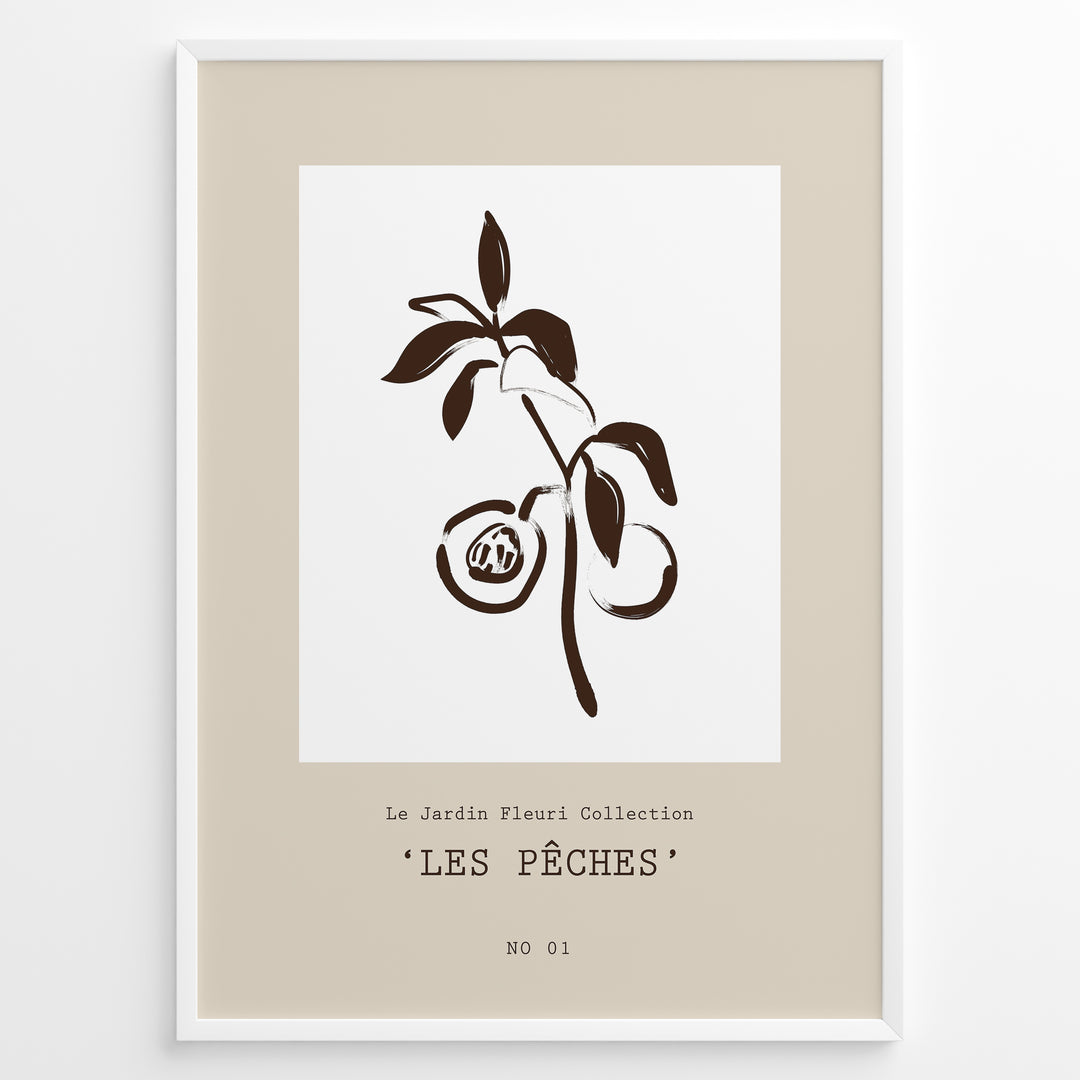Framed “Les Pêches No.01” poster with minimalist brown line art of peaches and leaves on a branch, from the Le Jardin Fleuri Collection.
