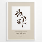 Ladda upp bild till gallerivisning, Framed “Les Pêches No.01” poster with minimalist brown line art of peaches and leaves on a branch, from the Le Jardin Fleuri Collection.
