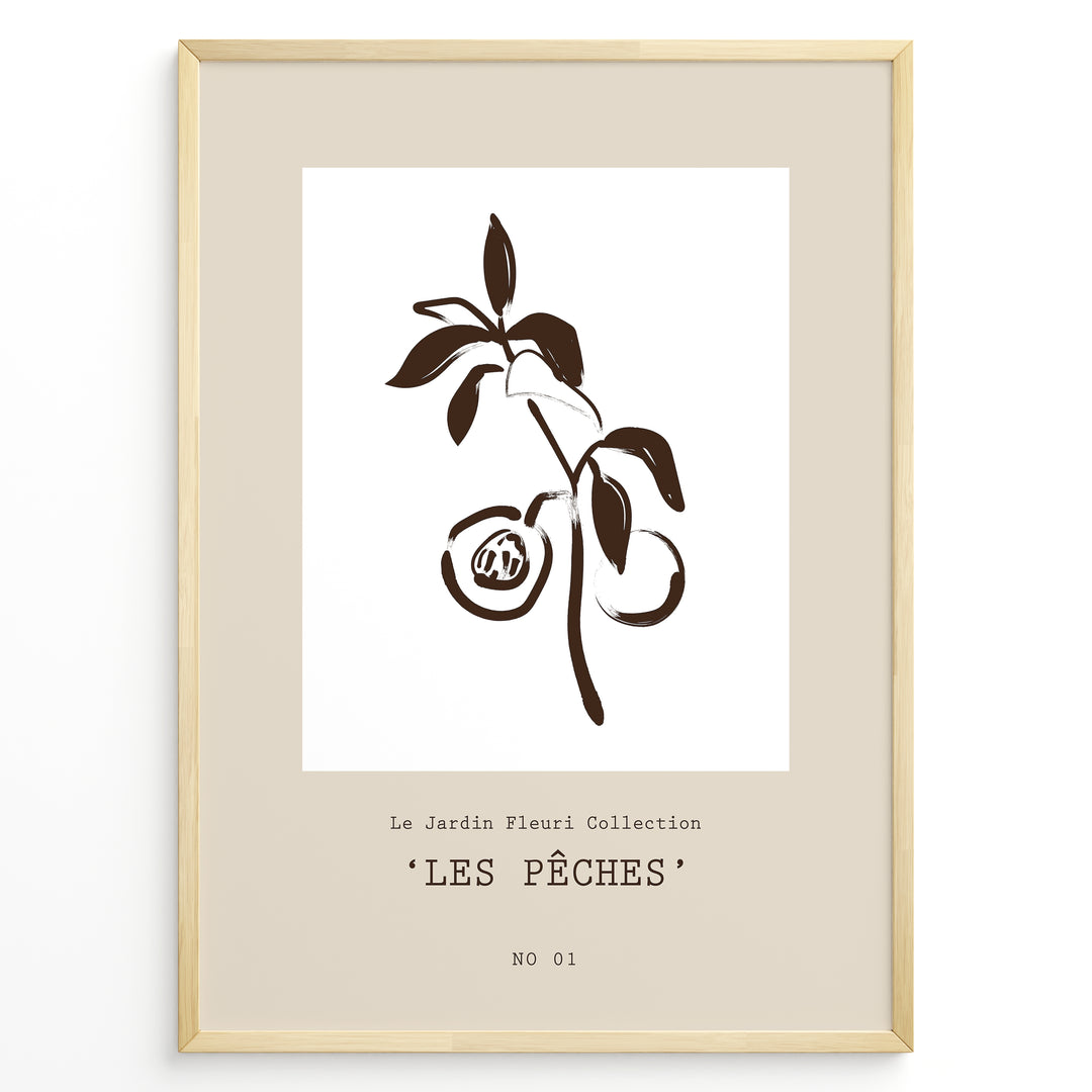 Framed “Les Pêches No.01” poster with minimalist brown line art of peaches and leaves on a branch, from the Le Jardin Fleuri Collection.