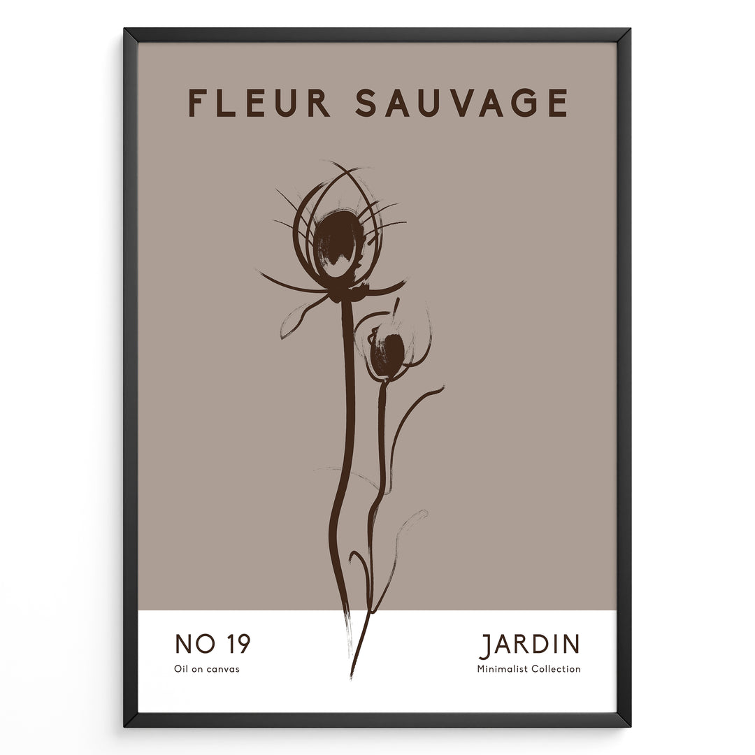Framed “Fleur Sauvage No.19” poster with minimalist brown wildflower line art on a taupe background, from the Jardin Minimalist Collection.