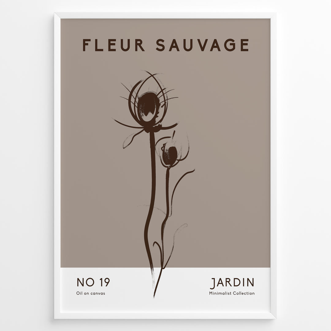 Framed “Fleur Sauvage No.19” poster with minimalist brown wildflower line art on a taupe background, from the Jardin Minimalist Collection.
