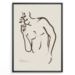 Ladda upp bild till gallerivisning, Framed “Fleur Sauvage No.19” poster with minimalist brown wildflower line art on a taupe background, from the Jardin Minimalist Collection.
