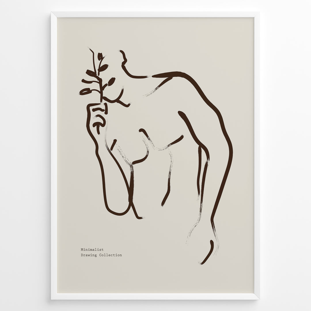 Framed “Fleur Sauvage No.19” poster with minimalist brown wildflower line art on a taupe background, from the Jardin Minimalist Collection.