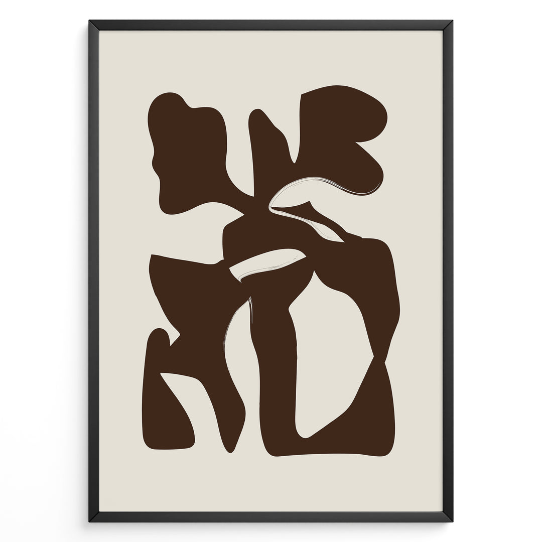 Framed abstract poster with bold brown organic shapes on a beige background in a minimalist modern style.