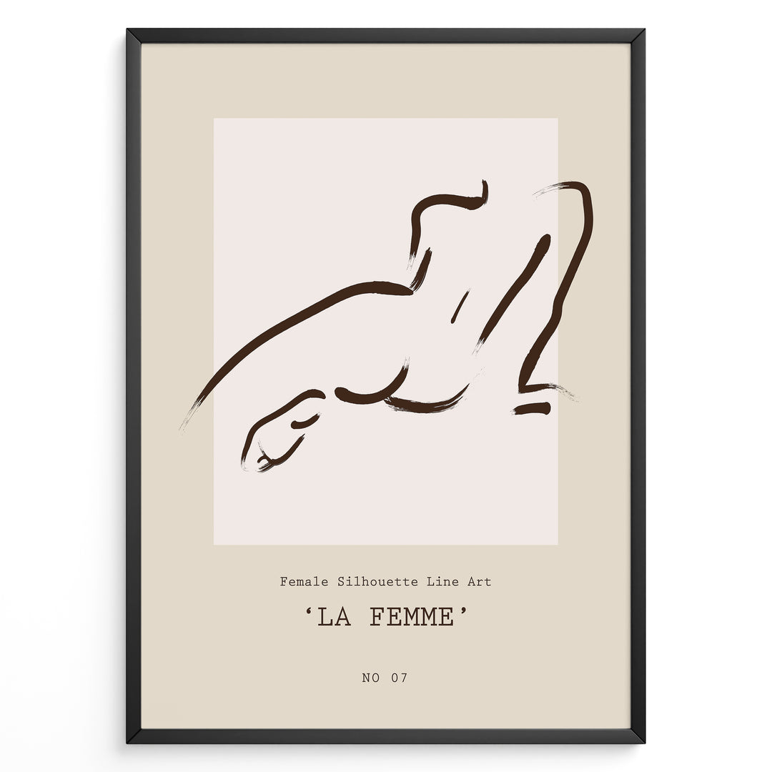 Framed “La Femme No.07” poster with minimalist brown line art of a reclining female silhouette on a beige and blush background.